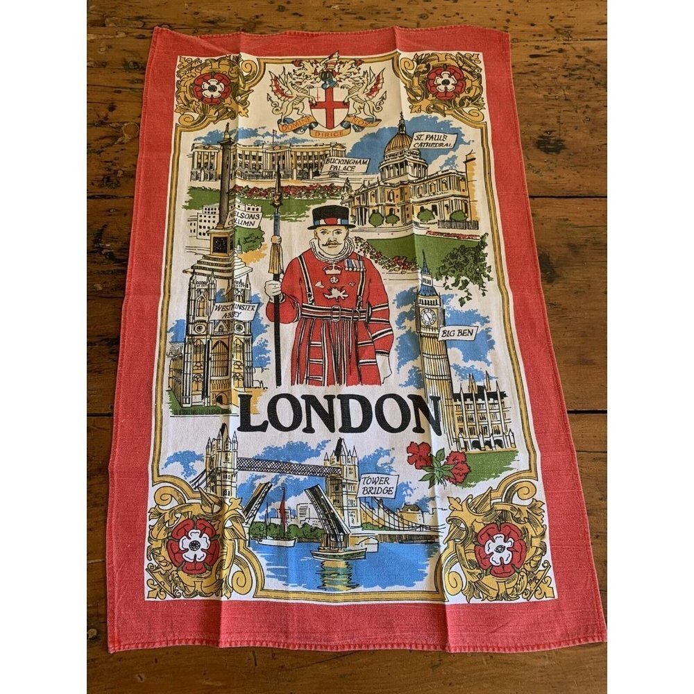 Vintage London Dish Tea Towel Buckingham Palace, St Paul's Tower Bridge, Nelsons
